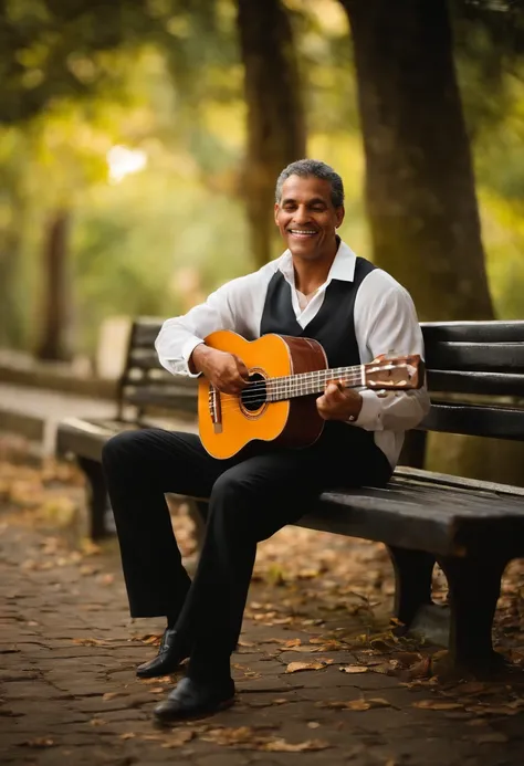 "Por favor, Create an image of a mulatto man with Brazilian characteristics, sentado em um banco ao ar livre, tocando um ukulele. The scene should convey a sense of serenity and joy, with emphasis on the facial and cultural features that make the Brazilian...