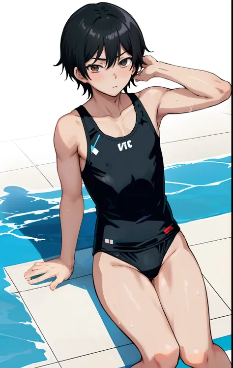 Anime boy in swimsuit posing for photo, Boy with short black hair, Boy with long black hair, Boy with Black Eyes, wearing a swimming wear, Cool anime boy in black tank suit, Wet swimsuit, garments:High-cut swimwear, Swimsuit, onepiece swimsuit, Competitive...