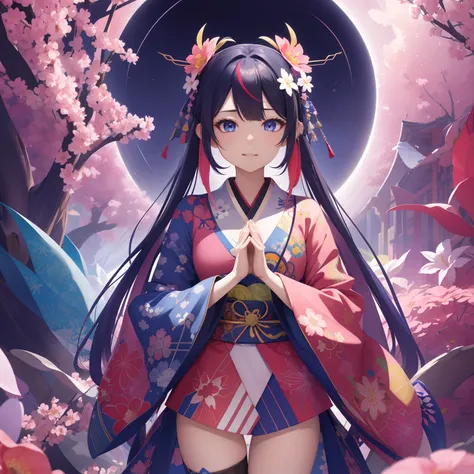 (absurderes、hight resolution、ultra-detailliert)、1girl in、Beautiful woman、Pink twin-tailed hair、length hair、Blue eyes、Red kimono、finely eye and detailed face、the Extremely Detailed CG Unity 8K Wallpapers、intricate-detail、BREAK、kaleidoscopic imagery、Symmetri...