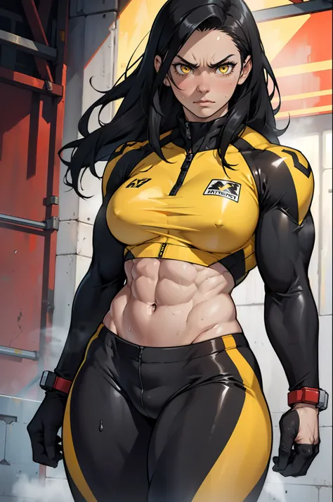 black hair, yellow eyes, solo, sweaty, shiny skin, angry, pale skin, (((((muscular, 1girl))))), curvy, thin waist, very long hair, navel, cowboy shot, sweaty, perky breasts, pilot suit