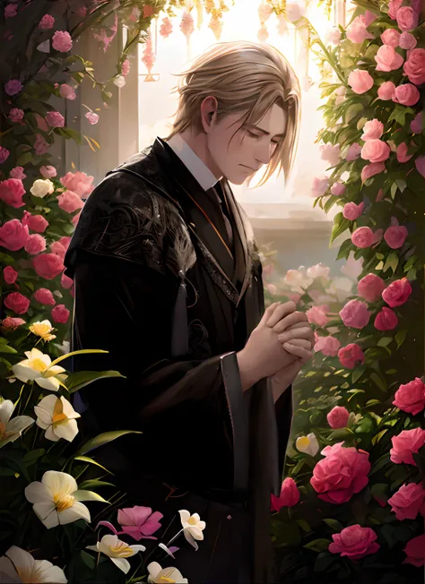 a man is praying with some flowers in front of him a cartoon illustration of a man in robe with flowers in background, flower, 1boy, male focus, solo, own hands together, rose,blonde hair,4k,8k,closed eyes,sad,sharpness