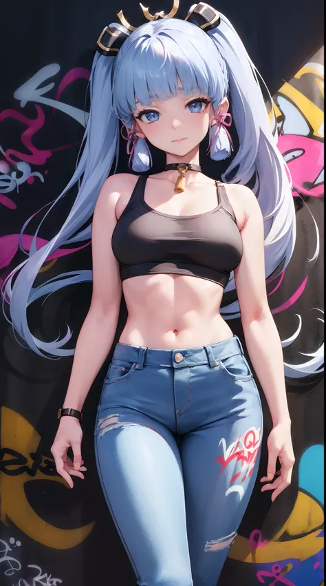 kamisato ayaka|genshin impact, master-piece, bestquality, 1girls,25 years old, proportional body, elongated legs, Beautiful, proportional., crop top, Long Jeans, mediuml breasts, ,bara, crop top, choker, (Graffiti:1.5), Splash with purple lightning pattern...