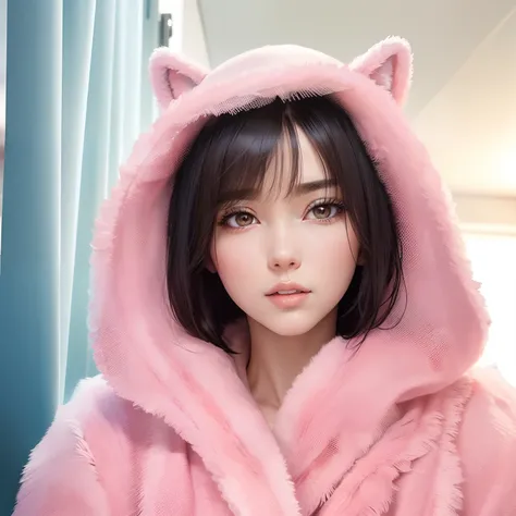 Absurd resolution, high resolution, (masterpiece: 1.4), hyper-detail, 1 young woman, short black hair, pink fur coat