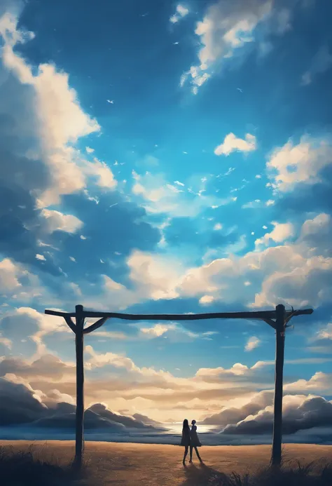 create a Blue Sky scene, 8k, estilo anime, desenho vetor, predios, Vision of the Esector in the Air, dia bonito, dia limbo, ceu azul, ceu bonito, predios brancos, cores viva