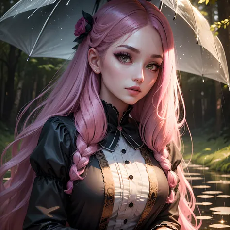 (masterpiece, highres, high quality:1.2), intricate details, cinematic lighting, A stern girl in Japanese maids clothes, long stockings sits on the wet grass, in a dark forest, lot in the rain at night. Dark anime drawing in gothic pixiv style , pink hair,...