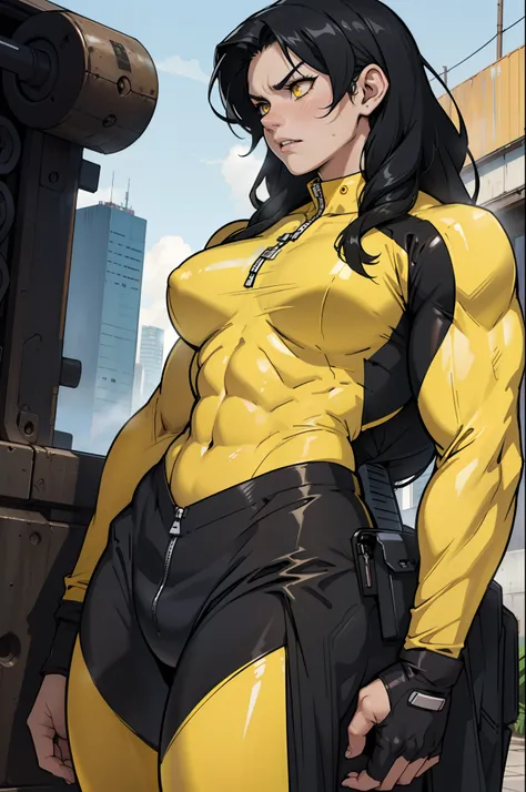 black hair, yellow eyes, solo, sweaty, shiny skin, angry, pale skin, (((((muscular, 1girl))))), curvy, thin waist, very long hair, cowboy shot, sweaty, perky breasts, pilot suit