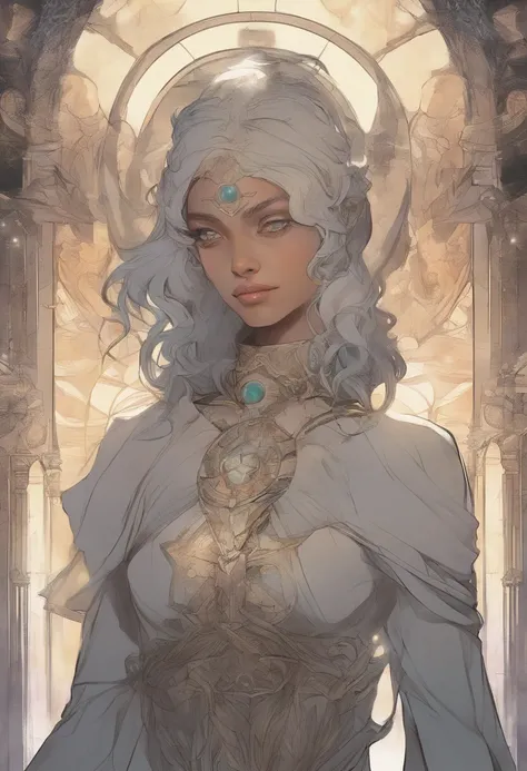 um close up de uma mulher com longos cabelos brancos e um colar, the goddess artemis smirking, portrait knights of zodiac girl, also known as artemis the selene, Griffith, Berserk, A Deusa Hera parecendo irritada, sacerdotisa, A Deusa Hera parecendo irrita...