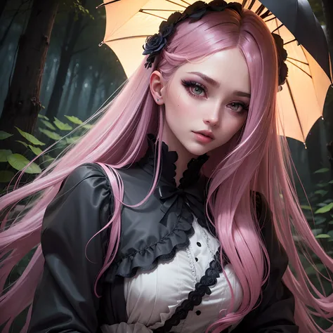 (masterpiece, highres, high quality:1.2), intricate details, cinematic lighting, A stern girl in Japanese maids clothes, long stockings sits on the wet grass, in a dark forest, lot in the rain at night. Dark anime drawing in gothic pixiv style , pink hair,...