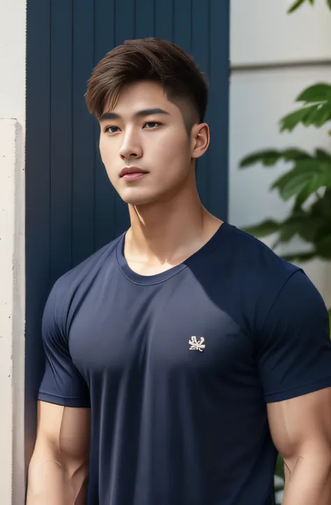 a handsome men ,20 age , short hair hair, korea , student，(((wear a navy shirt without stripes.....))), full body view ,pectoral...