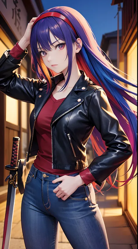 Japanese, 1girl, anime style, skinny body, Anime girl wearing shirt neck turtle with leather jacket, cover skinny jeans, long hair, Hairband, multicolored hair colour, red hair, blue hair, purple eyes colour, picture of her pose of her holding katana sword...