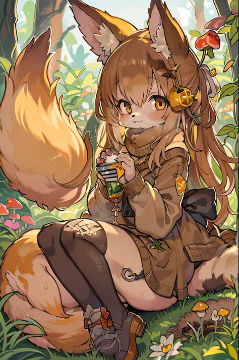 Fox, (Monster Girl), long brown ears with a dark brown inside,,,,, brown fur, Sunburned neck fluff, brown fluffy tail with a yellow-brown tip,,,,, Big brown eyes, wearing modest clothing, Sitting in the mushroom garden, masutepiece, Best Quality、autumnal