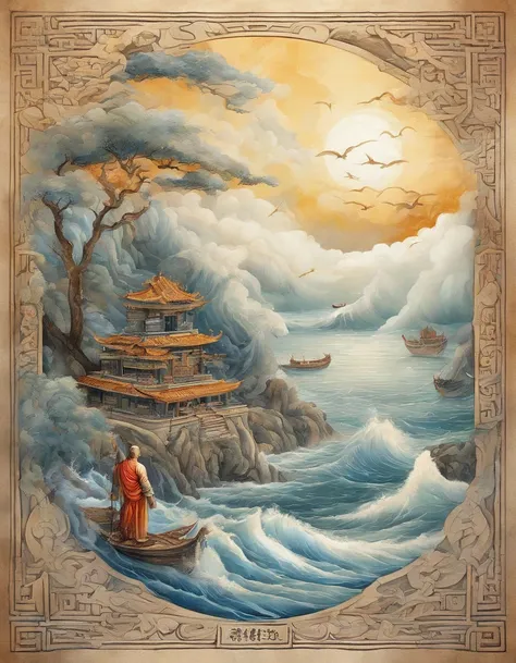 Vickers style, The graphics in the poster design are ocean colors, Chinese dragon in ink painting,,  a Buddhist monk praying peacefully, As a water god, Living in the North Sea, Control thunderstorms at sea, an ancient Chinese god,  Super sharp,Realistic d...