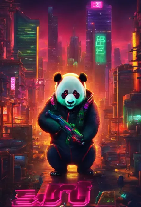 A panda holds up an embroidery of bamboo in a filthy environment，His eyes glowed red with anger