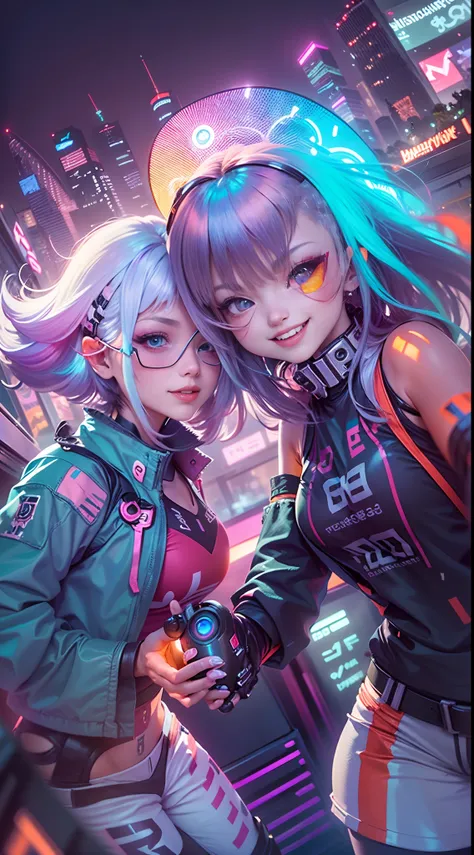 ((2 cyberpunk girls wearing colorful harajuku style pop outfit)), ((fisheye lens)), cowboy shot, wind, messy hair, cyberpunk cit...