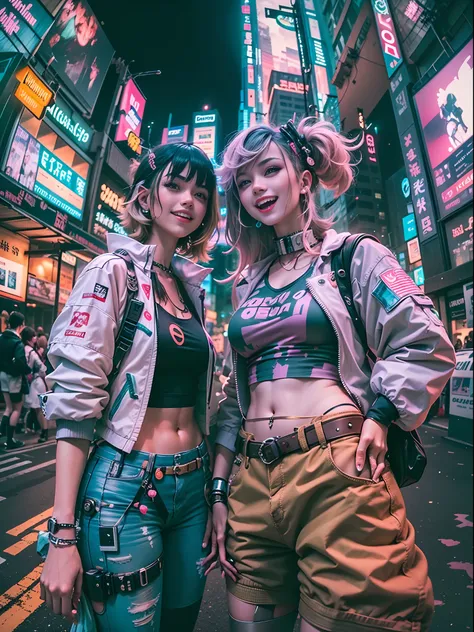 ((2 cyberpunk girls wearing Harajuku style pop outfit)), ((fisheye lens)), cowboy shot, wind, messy hair, cyberpunk cityscape, (aesthetics and atmosphere:1.2), smiling, laughing