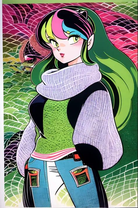 1girl, solo, horns, scarf, long hair, lum, sweater, green hair, white background, pink sweater, green eyes, makeup, hands in pockets, multicolored hair, 1980s (style), simple background, casual, oni horns, eyeshadow, belt, traditional media, pointy ears, f...