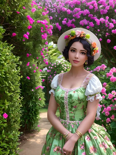 A realistic image of a beautiful woman dressed in costumes from the 20s, em um jardim florido e exuberante. A mulher deve estar cercada por flores coloridas, with an elegant hat and a vintage dress that reflects the fashion of the time. The image should ha...