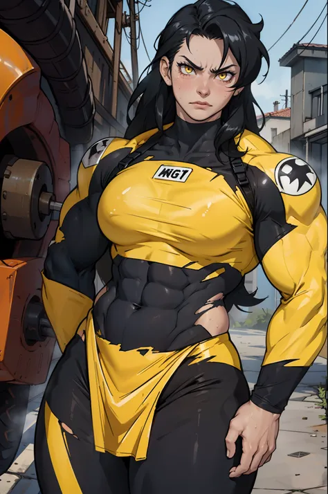 black hair, yellow eyes, solo, sweaty, shiny skin, angry, pale skin, ((((((muscular, 1girl)))))), curvy, thin waist, very long hair, cowboy shot, sweaty, perky breasts, pilot suit, torn clothes