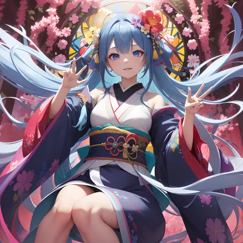 (absurderes、hight resolution、ultra-detailliert)、1girl in、Beautiful woman、Pink twin-tailed hair、length hair、Blue eyes、Red kimono、finely eye and detailed face、the Extremely Detailed CG Unity 8K Wallpapers、intricate-detail、BREAK、kaleidoscopic imagery、Symmetri...