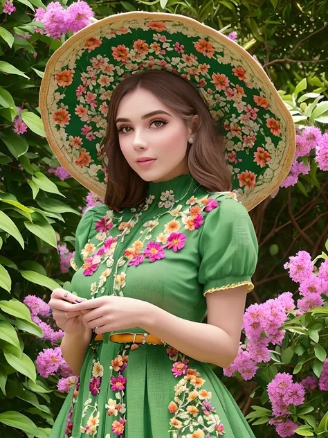 A realistic image of a beautiful woman dressed in costumes from the 20s, em um jardim florido e exuberante. A mulher deve estar cercada por flores coloridas, with an elegant hat and a vintage dress that reflects the fashion of the time. The image should ha...