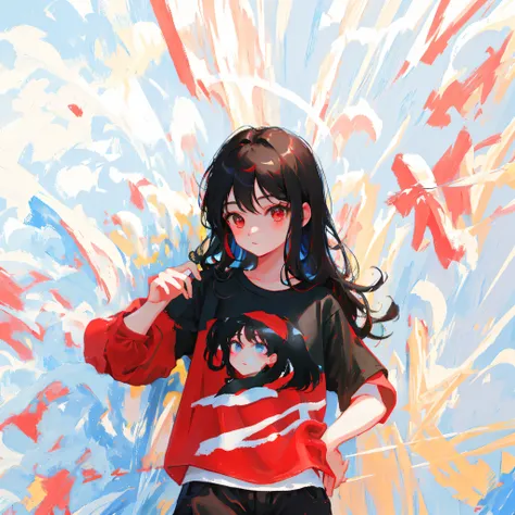 (Realistic painting style:1.0), Masterpiece, Best quality, absurderes, comic strip, illustration,
1 girl, Long hair, Black hair, Cute girl, young and cute girl, Korean girls, {Breasts}, 
A girl in a red T-shirt stands against the wall, ulzzangs, Red T-shir...