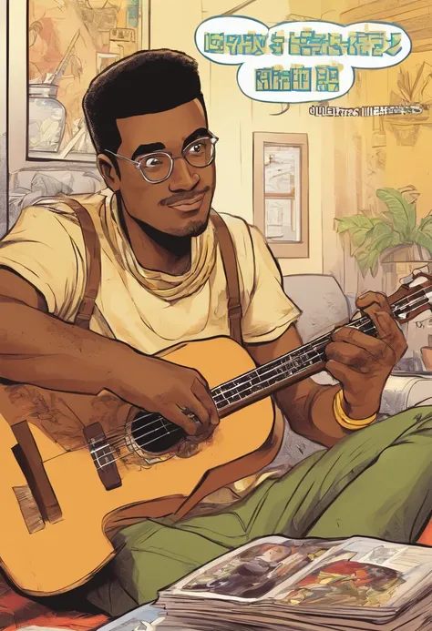 a brown-skinned man, approximately 28 years old, sitting, playing the ukulele;