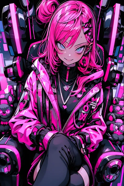 anime girl with pink hair sitting on a chair in a neon city, big smile, cyberpunk anime girl in hoodie, cyberpunk anime girl, anime style 4 k, anime cyberpunk art, best anime 4k konachan wallpaper, digital cyberpunk anime art, female cyberpunk anime girl, ...