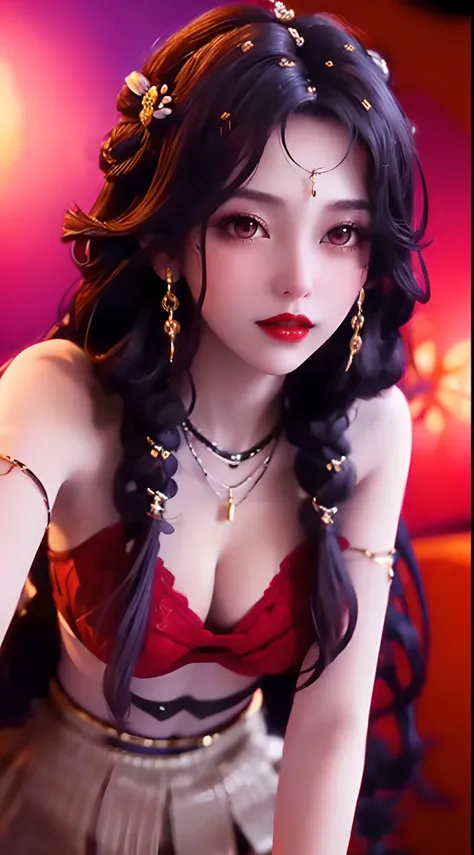 1 beautiful and sexy 20-year-old girl, adult, ((wearing a red push-up bra with black trim and low-cut chest:1.6)), dress with diamonds, ((long purple-black hair:1.6)) , bangs, elaborate jewelry made from gems and beautiful hair, ((wearing a black lace neck...