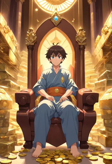 Captain Tsubasas Urabe is an Arab royal family member, sitting on the throne, Inside the palace, Surrounded by dollars ,Gems and gold coins, treasure. looking at camera