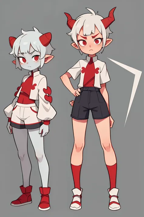 Troll boy with gray skin, White short hair, 4 red horns, Interesting clothes, sad eyes;,, standing pose, Character Sheet, Different angles