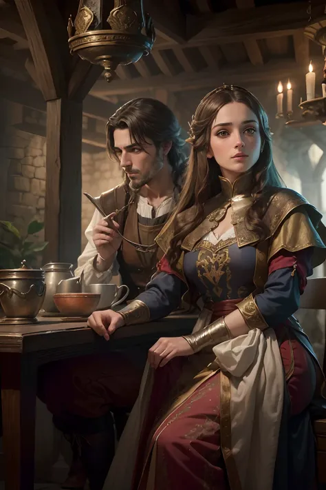 Theres one with brown hair and peasant clothes sitting in a tavern, fantasy genre portrait, Foto do personagem de fantasia, retrato medieval, como um personagem de fantasia medieval, donzela bonita, estilo medieval, vestidos com roupas medievais, retrato d...