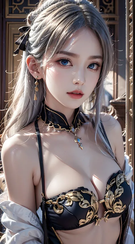 photorealistic, high resolution, soft lights, 1women, solo, hips up, look at viewer, (detailed face), blue eyes, white hair, long hair, (silk Ribbon in front:1.3),earrings,filigree,detached sleeves,wide sleeves,(revealing clothes),jewelry, (cleavage,bare s...