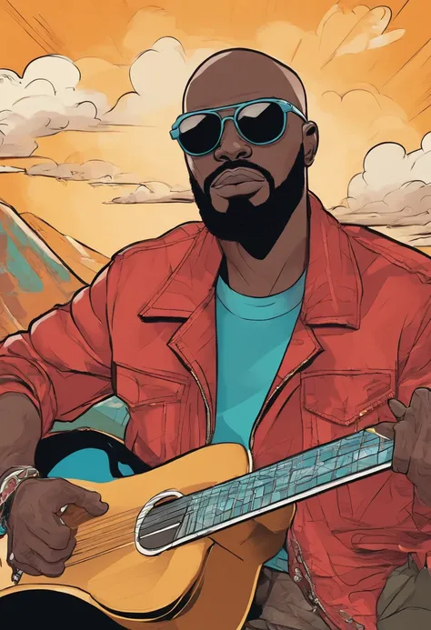 a dark-skinned, bald man with a beard and sunglasses on his face, approximately 28 years old, sitting playing a guitar;