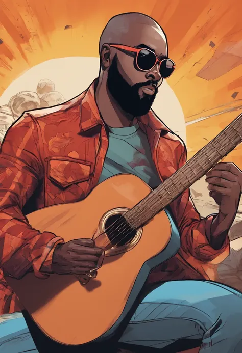 a dark-skinned, bald man with a beard and sunglasses on his face, approximately 28 years old, sitting playing a guitar;