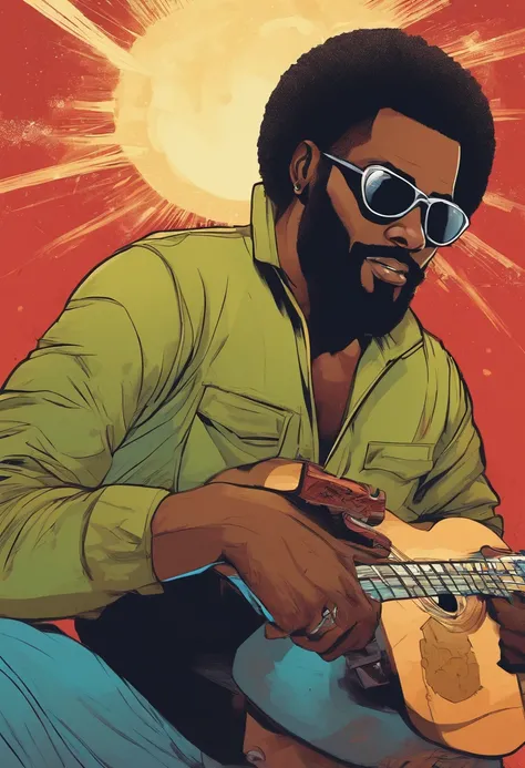 a dark-skinned, bald man with a beard and sunglasses on his face, approximately 28 years old, sitting playing a guitar;