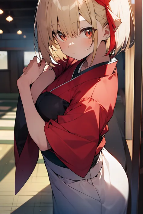 chisatonishikigi, nishikigi chisato, short hair, bangs, blonde hair, (red eyes:1.5), hair ribbon, one side up, bob cut,
BREAK japanese clothes, kimono, apron, red ribbon, waitress, red kimono,
BREAK outdoors, track and field,
BREAK looking at viewer, BREAK...