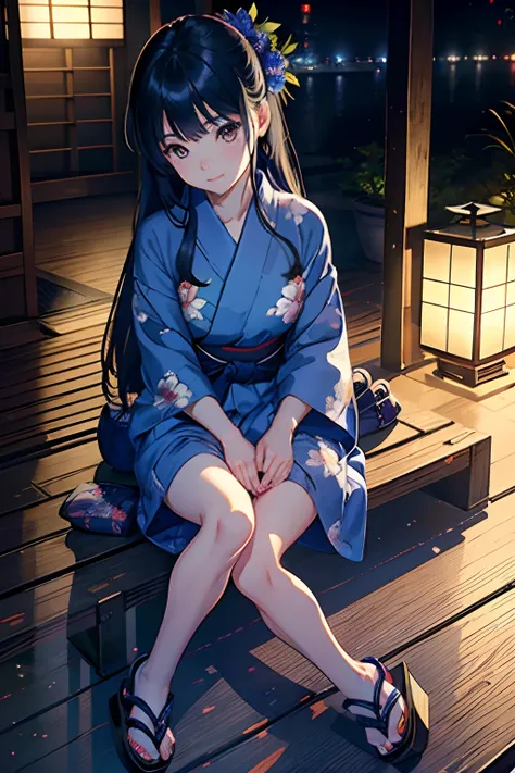 ​masterpiece, top-quality, Detailed details, Detailed landscapes, A detailed face、beatiful lights, Beautiful Shadows,Summer Festivals、Cheerful woman, sixteen years old、japanes, innocent smiles、,eye liner,Long hair、((Wearing yukata))、((((Hide up to your hee...