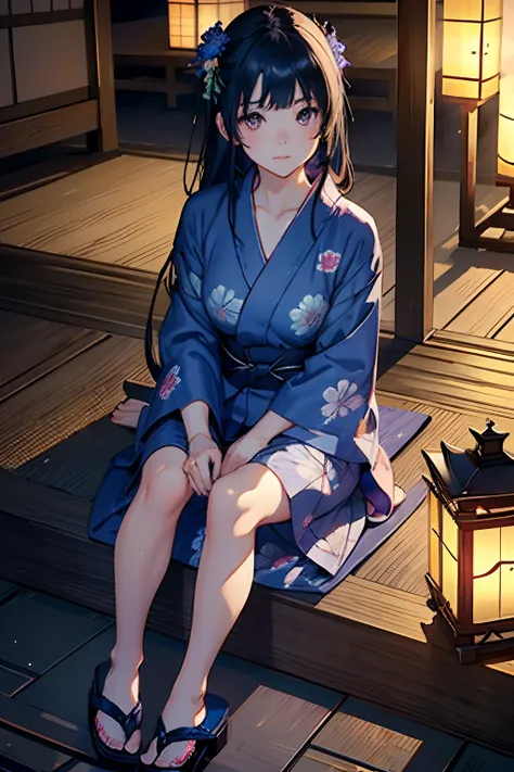 ​masterpiece, top-quality, Detailed details, Detailed landscapes, A detailed face、beatiful lights, Beautiful Shadows,((Summer Festivals))、Cheerful woman, 18year old、japanes, innocent smiles、,eye liner,Long hair、((Wearing yukata))、((((Hide up to your heels)...