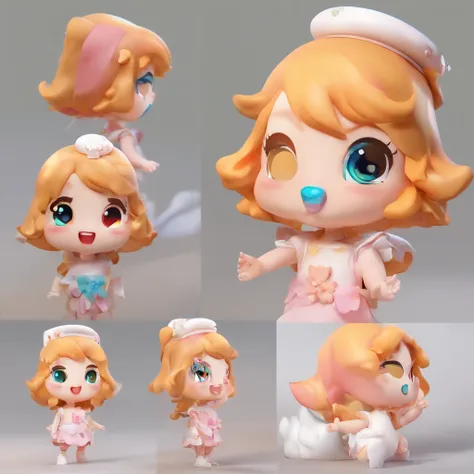 Super Cute Girl IP by Pop Mart, Bright eyes, Cherub,Little white dress, clay, modeled, blind box toy, Glossy and delicate,clean back ground, Good luster, 3D rendering of a,Best Quality