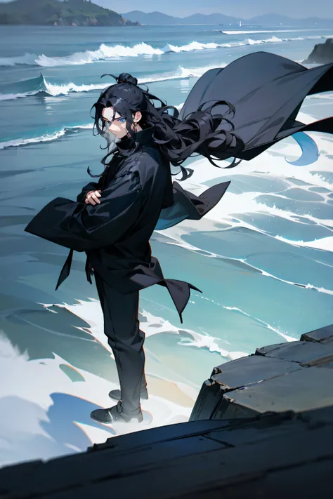 1male, blue eyes, man bun hair, wavy layered hair, black hair, long hair, black techwear, expressionless, overlooking the ocean from a cliff