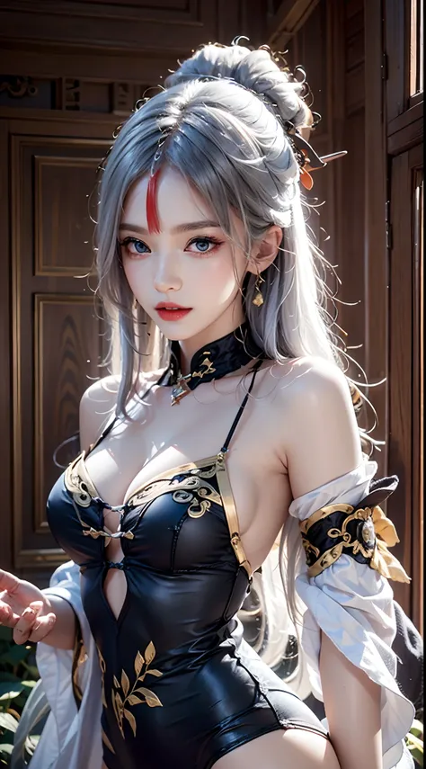 photorealistic, high resolution, soft lights, 1women, solo, hips up, look at viewer, (detailed face), blue eyes, white hair, long hair, (silk Ribbon in front:1.3),earrings,filigree,detached sleeves,wide sleeves,(revealing clothes),jewelry, (cleavage,bare s...