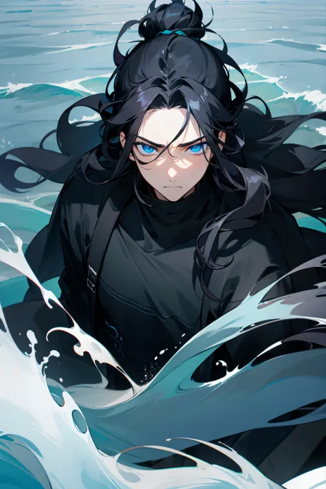 1male, blue eyes, man bun hair, wavy layered hair, black hair, long hair, black techwear, expressionless, ocean