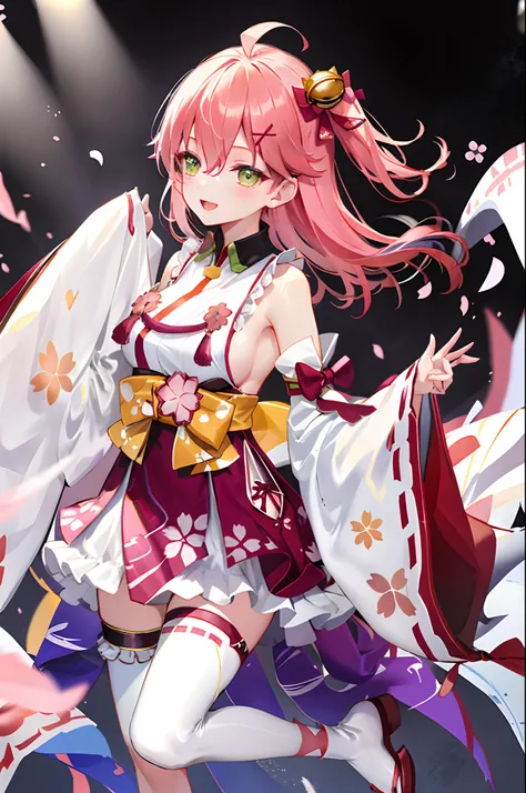 masterpiece, best quality, highres, miko1, sakura_miko, 1girl, green eyes, solo, ahoge, x_hair_ornament, pink_hair, floral print, hairclip,side_less_clothes, (sideboobs:1.4), hair_bell, floral print, long_hair, hair between eyes, one side up, white thighhi...