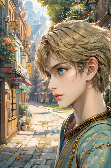 (absurdres, highres, ultra detailed, HDR), masterpiece, best quality, "rhapsody a musical adventure" ps1 game character, boy hero with short hair, detailed face, handsome face, anime eyes, at the town, detailed character, detailed outdoor scenery, art keno...