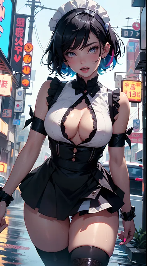 maid girl,(((1girl))),((maid girl with extremely cute and beautiful black hair)),

(large breasts:1.4),bountiful breasts,fluffy breasts,H cup bust,bust up,bulging bust top,(((black bob hair:1.35,colored inner hair,short hair,ear breathing))),((heterochromi...