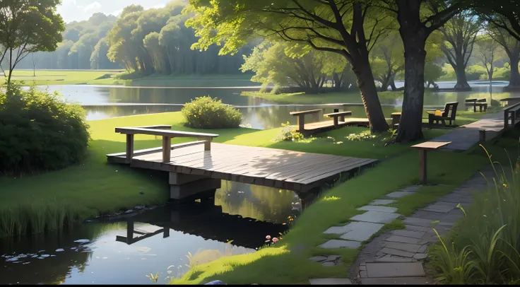 small pond in the middle of nature and with a walkway over the lagoon