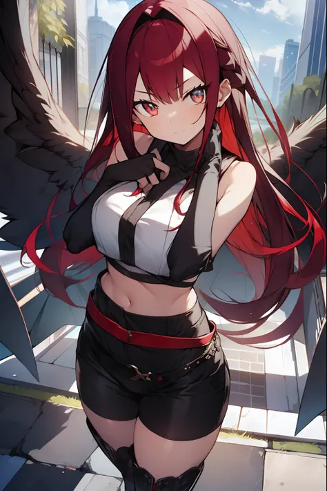 erisgreyrat, eris greyrat, ahoge, hair between eyes, long hair, (red eyes:1.5), red hair, sidelocks, (large breast:1.2),
BREAK bare arms, bare shoulders, belt, black footwear, black gloves, black shorts, black thighhighs, boots, crop top, fingerless gloves...