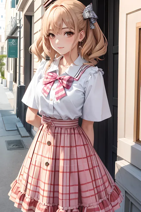 Chica anime pelo corto de color rosa, Blusa blanca, Light brown checkered arch, Light brown plaid skirt, chaqueta de punto grande, de pie, mirando al frente, fondo blanco