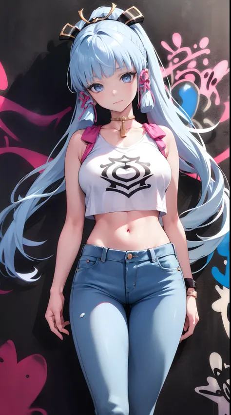 kamisato ayaka|genshin impact, master-piece, bestquality, 1girls,25 years old, proportional body, elongated legs, Beautiful, proportional., crop top, Long Jeans, mediuml breasts, ,bara, crop top, choker, (Graffiti:1.5), Splash with purple lightning pattern...