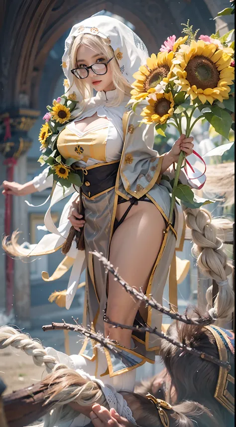 In a very grand scene，The extra-large wide-angle lens captures the appearance of a female centaur。She is a Sunflower Worship nun，Always opposed（Healing smiley face of knitted sunflower puppet😊：99.99）DOA。She is tall，It has the ultimate curvy beauty，The musc...